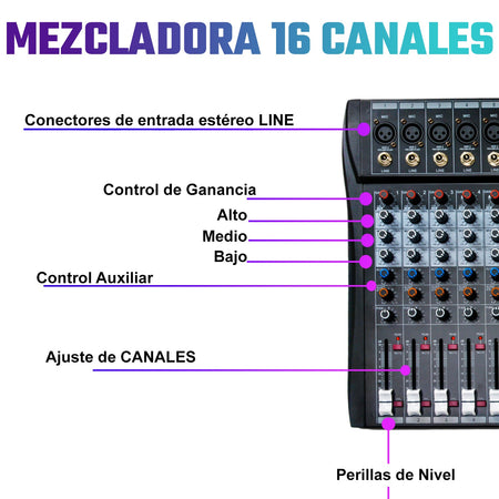 Mezcladora Mixer 16 Canales Bluetooth Usb Estudio Sonido