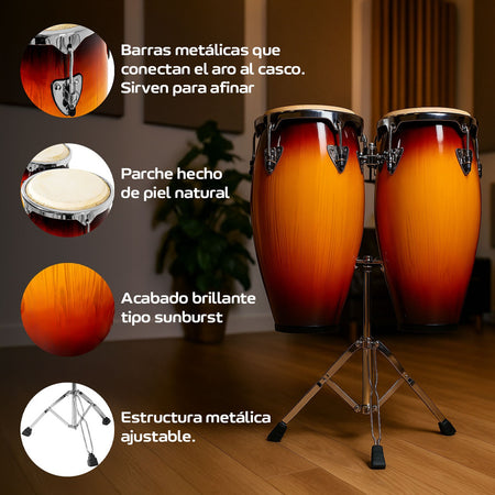 Set Congas 11 Y 12 Pulgadas Con Soportes Parche De Cuero
