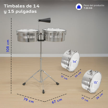 Timbales Vaso Largo 14 Y 15 Pulgadas Con Cencerro + Baquetas