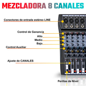 Consola Mezcladora 8 Canales Bluetooth Usb Estudio Sonido