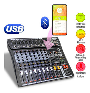 Consola Mezcladora 8 Canales Bluetooth Usb Estudio Sonido