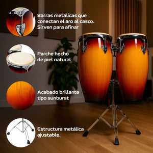 Set Congas 11 Y 12 Pulgadas Con Soportes Parche De Cuero