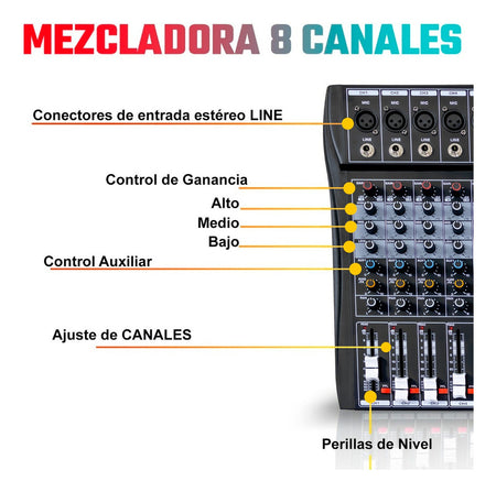 Consola Mezcladora 8 Canales Bluetooth Usb Estudio Sonido