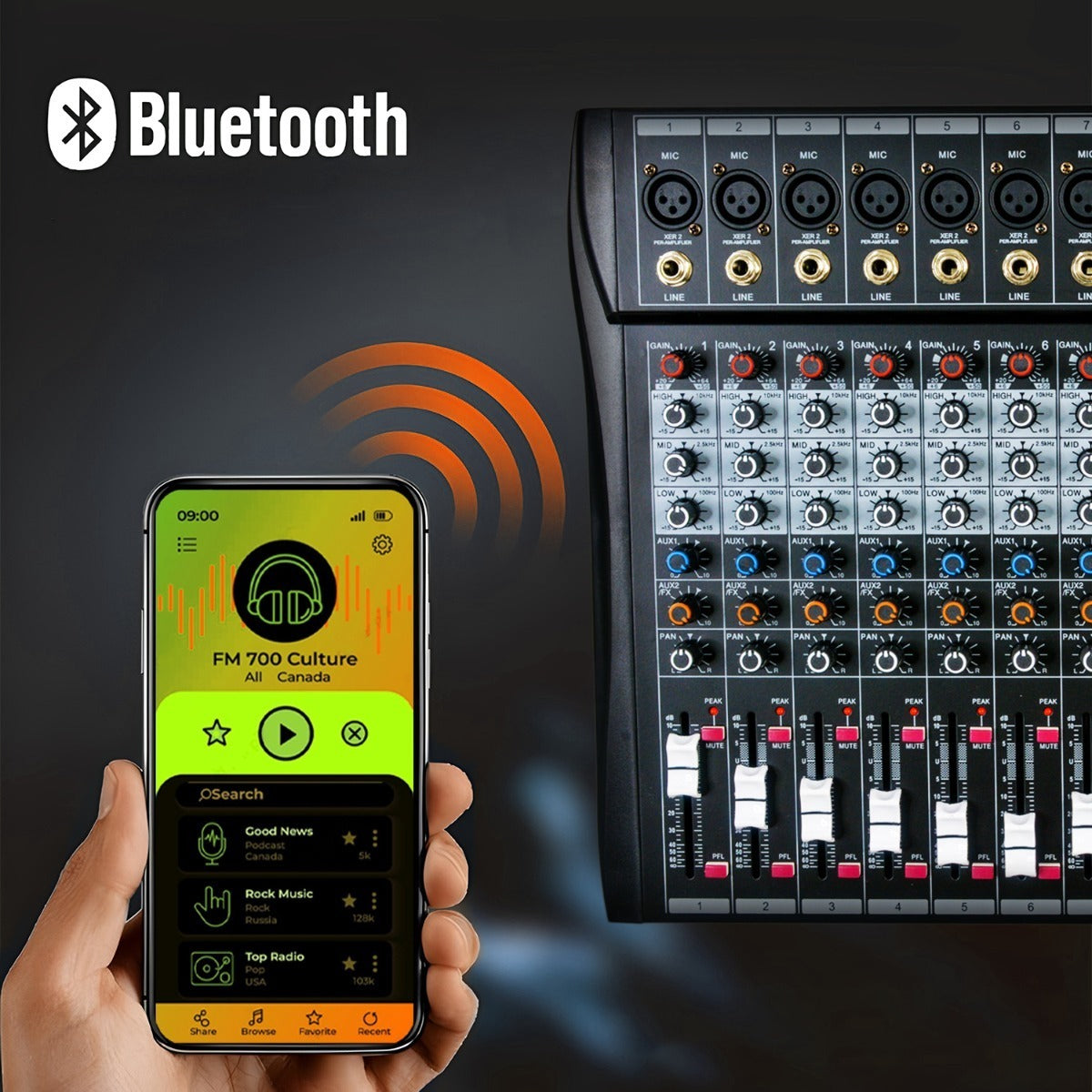 Placa mezcladora de interfaz de audio de 8 canales, interfaz Bluetooth y  USB integrada como reproductor de música mezclador de línea de 48 V para