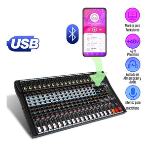 Mezcladora Mixer 16 Canales Bluetooth Usb Estudio Sonido