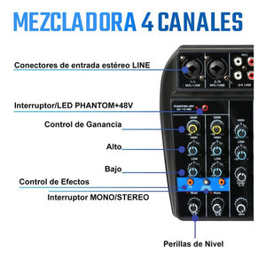 Mezcladora Mixer Bluetooth Usb Tarjeta Audio 4 Canales