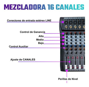 Mezcladora Mixer 16 Canales Bluetooth Usb Estudio Sonido