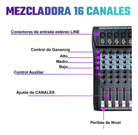 Mezcladora Mixer 16 Canales Bluetooth Usb Estudio Sonido