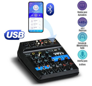 Mezcladora Mixer Bluetooth Usb Tarjeta Audio 4 Canales