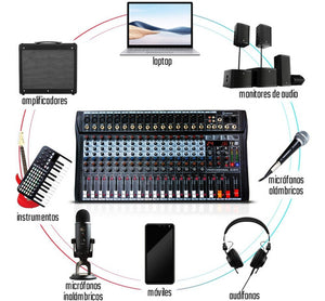 Mezcladora Mixer 16 Canales Bluetooth Usb Estudio Sonido